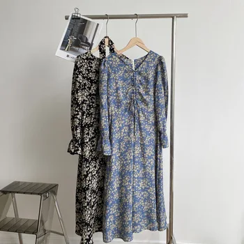2020 Moda Toamna Floare De Imprimare Albastru Maxi Cu Maneci Femei V-Neck Floral Rochie Lunga Vestidos
