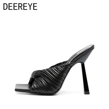 2021 Tendință De Moda De Lux Deget De La Picior Pătrat Femei Stiletto Din Microfibră Piele Plisata Multi-Culoare Toc Înalt Sandale Slip Pe Catâri Pantofi