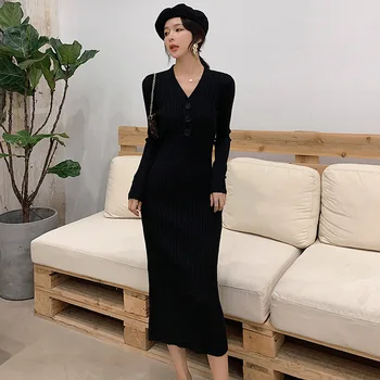 2021 Toamna Iarna Tricotate Rochie Cu Maneci Lungi Femei Slim Bodycon Coreean Elegant Butonul V-Neck Pulover Midi Cu Nervuri Bottom Rochie