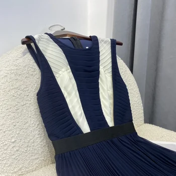 2022 Nouă Primăvară de Moda pentru Femei Mozaic Alb Albastru rochie fără Mâneci de Înaltă Calitate Plisate Lungime de Glezna Rochii de Petrecere