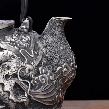 999 argint ceainic, sculptat manual dragon model de uz casnic kung fu set de ceai, ceainic de argint, argintarie 711g, 1.3 L