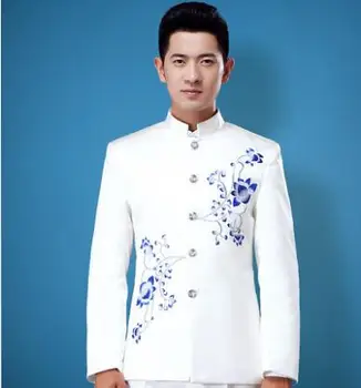 Alb nou bărbați chinez tunica costume modele homme terno costume de scenă pentru cântăreți bărbați blazer broderie jacheta stele stil de rochie