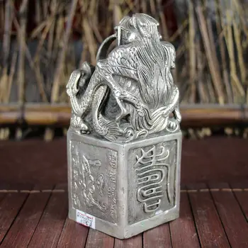 China A Vechi De Feng Shui Ornamente Alb Cupru Placare De Argint Longevitate Dragon Sigiliu