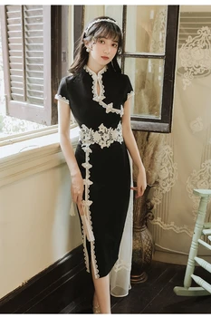 COIGARSAM Cheongsam Mozaic Femei rochie de Moda de Epocă Talie Înaltă, Rochii Negre 8915