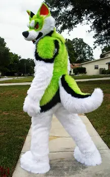De Înaltă Calitate Blana Lunga Verde Câine Husky Alb Fursuit Costum Mascota Costum Cosplay Fantezie Joc De Petrecere De Halloween Rochie De Dimensiune Adult 2019