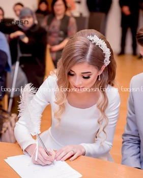 Eeqasn Elegant Satin Rochii de Mireasa cu Maneca Lunga Rochie de Mireasa Musulman Rochie de Mireasa de Tren Curtea Butoane Vestido de novia 2021