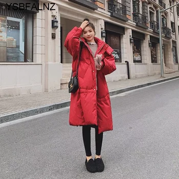 Femei De Iarnă Cu Glugă Mid-Lungime Peste Genunchi Strat De Bumbac Stil Coreean Gros Vrac Alb Rață Jos Înaltă Calitate Sacou Feminin