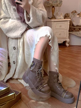 Femei de moda Anglia Stil Glezna Cizme Rotund Toe Dantela-Up Med Tocuri Lant Metalic Decor de Pantofi M58