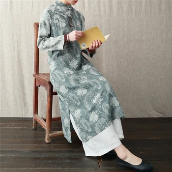 Femei Stil Chinezesc Rochie Retro Manual Maneca Lunga Cheongsam De Vară 2020 Nou Imprimeu Floral Din Bumbac Pentru Femei Rochie De Epocă