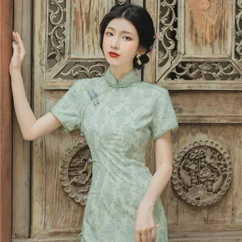 Femeile Qipao Rochie Tradițională Chineză Costume De Epocă Elegant Verde Fantă Mare Maneci Scurte Cheongsam Vara Dulce Slim Rochii