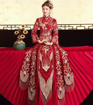 FZSLCYIYI de Lux Roșu Mireasa Rochie de Mireasa Oriental Doamna Broderie Stras de Înaltă Calitate Căsătorie Chineză Cheongsam Costum