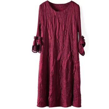 Miyake cutat rochie roșie 2021 toamna stil coreean o-linie doamnelor brodate gât rotund petală maneca sc folda subțire rochie de sex feminin