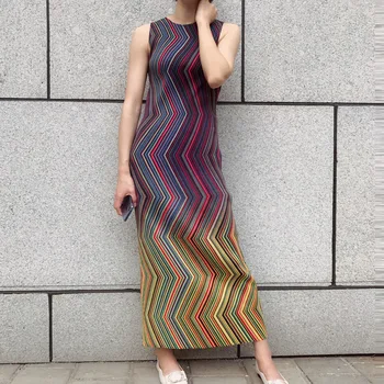 Miyake Ori Rochie cu Dungi Europene Stația de Moda de Mari Dimensiuni Slim pentru Femei Rochie Pliuri