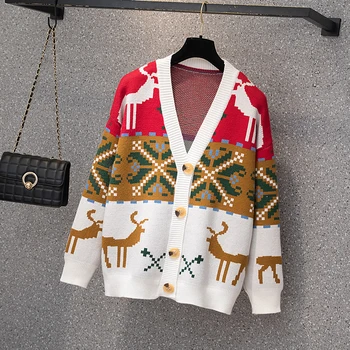 Moda Plus Dimensiunea Fulg De Nea Crăciun Pulover Drăguț 2021 Toamna New Vintage V-Neck Cardigan Pentru Femei