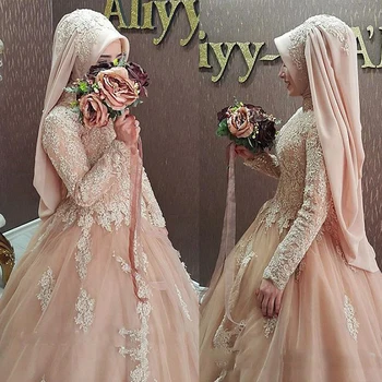 Modest Roz Rochie de Bal Musulman Rochii de Mireasa Cu Hijab Mâneci Lungi Islamic Dantelă Rochie de Mireasa Rochii de Mireasa Vestidos de Novia