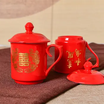 Nunta chineză roșu ceașcă de ceai dragon phoenix ceramice set cu apă acoperită cesti cana de căsătorie sărbătoare teaware cadou 2cps