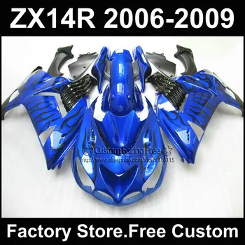 Personalizat ABS Injectie carenaj kituri pentru Kawasaki 2006 2007 2008 2009 ZX14R Ninja ZX 14R 06-09 negru flacăra în albastru carenajele kit