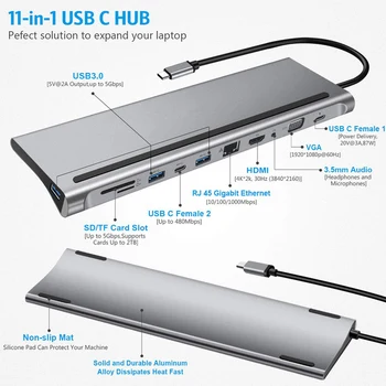 PINZHENG USB de Tip C HUB De USB 3.0 HDMI VGA Pentru MacBook Pro RJ45 USB 3.0 HUB Accesorii USB Splitter USB-C 11-În-1 Adaptor HUB