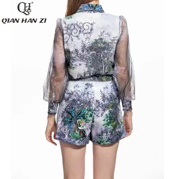 Qian Han Zi de primăvară de moda toamna din două piese set cu mâneci Lungi vedea prin tul împletit print top+centura slim pantaloni scurți set pentru Femei