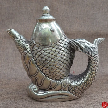 Rare Vechi QingDyansty(QIANLONG:1711--1799) Pește de argint ceainic,cel mai bun de colectare&podoabă
