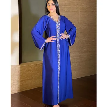 Rochie V-gât cu mâneci Lungi Femei Musulmane Albastru European Stand de Hot de Diamante Rochie Arab din Dubai Halat de Moda de Toamnă de Primăvară de Noi