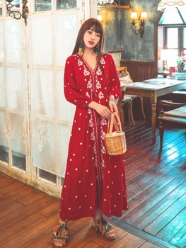 Roșu de Îmbrăcăminte pentru Femei de Vacanță în Stil Etnic Roșu de Bumbac, Cânepă Broderie Indian Femei Rochie de Vara India, Pakistan Kurta