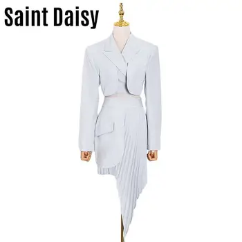 SaintDaisy Femei Rochie Formală Costum de Moda Albastru Alb Set de Doua Bucati Haina Talie Inalta Fusta Plisata 9006 V-Neck Vintage Elegant
