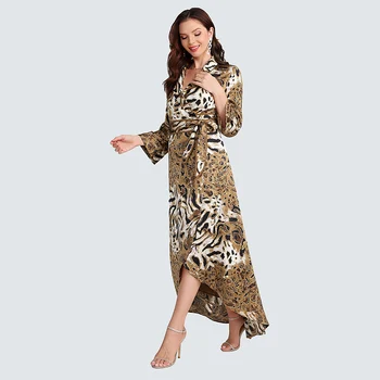 Sring V-neck Leopard Sexy Pringting de Lux Maxi Lace Up Rochie pentru Femei