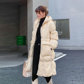 Stil coreean cu Glugă Lung Jos jacheta de Iarna 2021 Feminin Casual Pierde Buzunare Jos haina Cald Alb rață jos Uza YNZZU 1O328