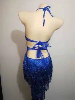 T09 Albastru ciucure de sex feminin bodysuit etapă poartă costume de dans sexy femei rochie stras tinuta îmbrăca dj mănuși de diamante petrecere ds