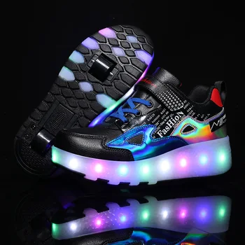 USB Taxat Dublu Luminos Roata Violente Pantofi de Mers pe jos Copiii Lumina Scripete Pantofi Fete Baieti Skate Șireturile Lampa Roata Pantofi
