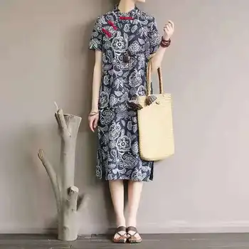 Vara New Retro Catarama de Imprimare Pânză Butonul Slit Scurt Mânecă Rochie Cheongsam China Stil de Haine pentru Femei