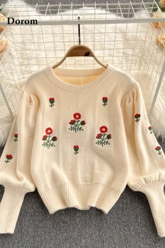 Vintage Floare Broderie Pulover Femei Pulover-coreean O-Gât Lantern Maneca Pulover Corpped Jumper Casual All-meci Pulover