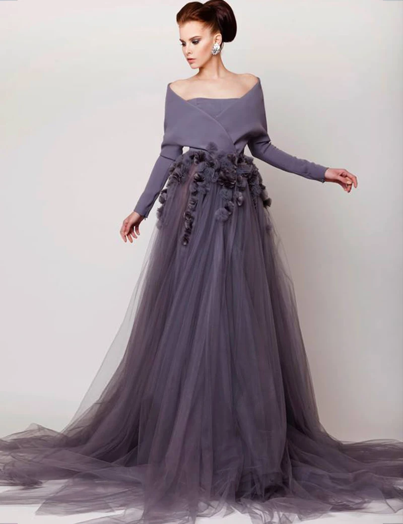 2019 Mâneci Lungi O Linie de Bal Pentru Femei ocazii Speciale rochie de flori 3D Rochie de Seara Petrecere Formală Rochii de Vestido De Festa 0