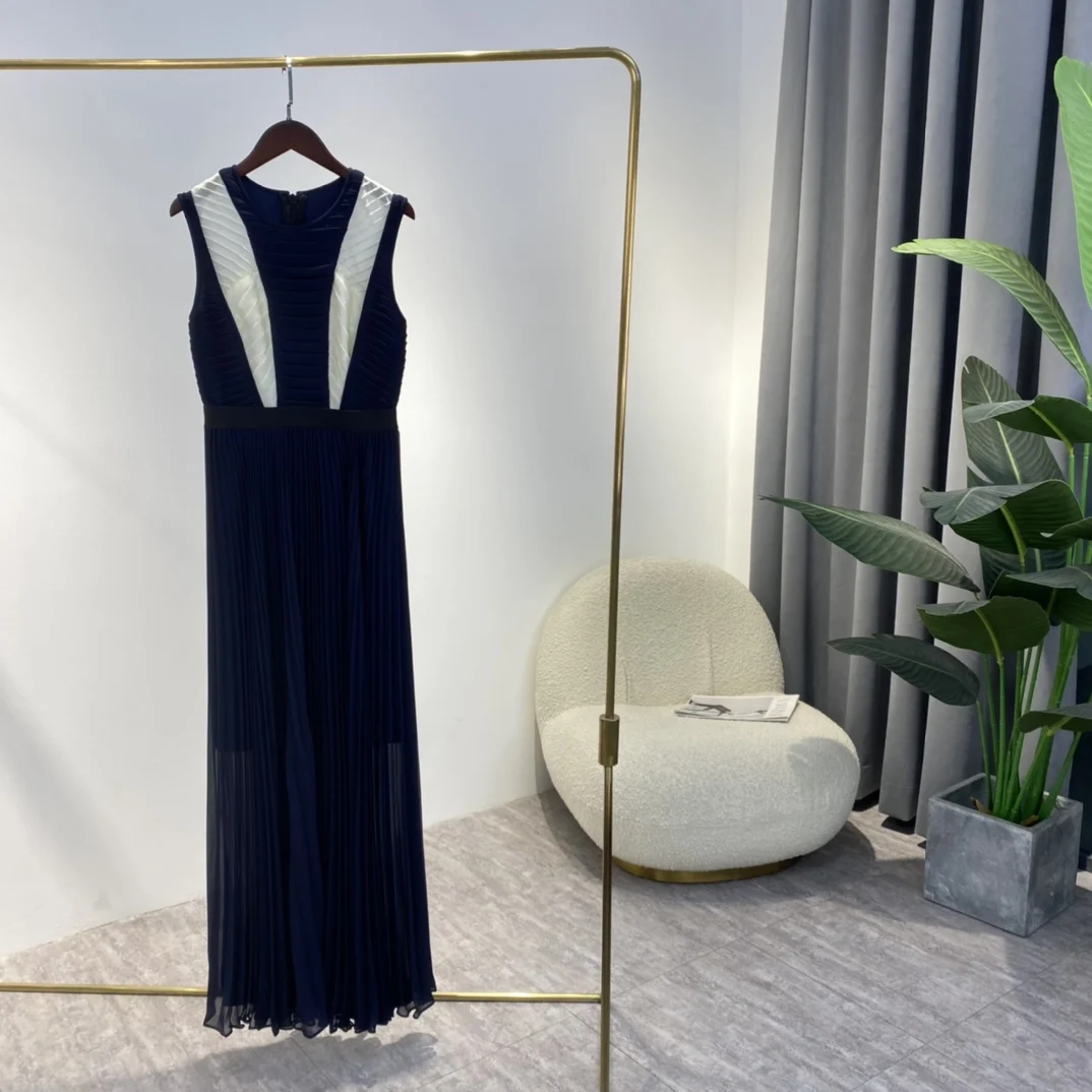 2022 Nouă Primăvară de Moda pentru Femei Mozaic Alb Albastru rochie fără Mâneci de Înaltă Calitate Plisate Lungime de Glezna Rochii de Petrecere 1