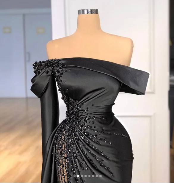 Haute Couture Neagra Sirena Rochii De Bal 2020 Nou Maneca Lunga Pe Un Umar Cu Margele De Petrecere, Rochii De Dubai Arabă Femei Rochie De Seara 1