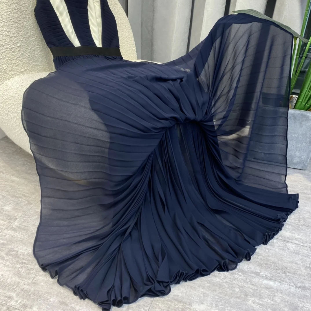 2022 Nouă Primăvară de Moda pentru Femei Mozaic Alb Albastru rochie fără Mâneci de Înaltă Calitate Plisate Lungime de Glezna Rochii de Petrecere 2
