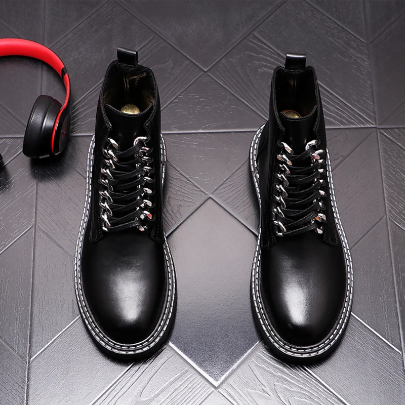 De lux pentru barbati moda punk club de noapte cizme cu platforma din piele naturala pantofi dantela-up cowboy botines hombre negru maro glezna botas 2