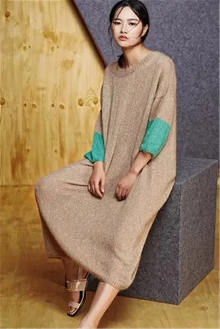 Realizate manual din lână tricot femei Oneck rochie lunga pulover 3quarter mozaic maneca cu amănuntul en-gros personalizate 3