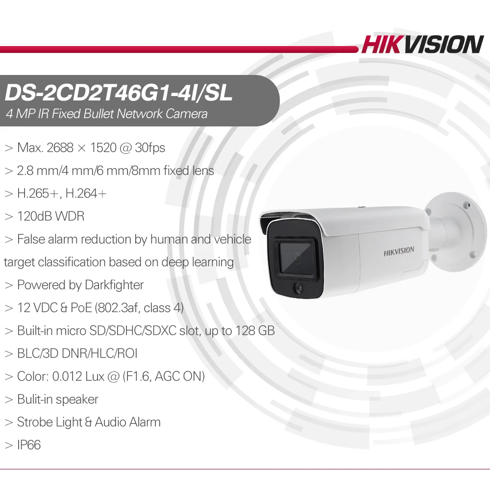 Hikvision AcuSense DS-2CD2T46G1-4I/SL 4MP Camera IP PoE H. 265+ Lumina Strobe Alarma Audio SD Slot Darkfighter IR 80M Fata de Captare 3