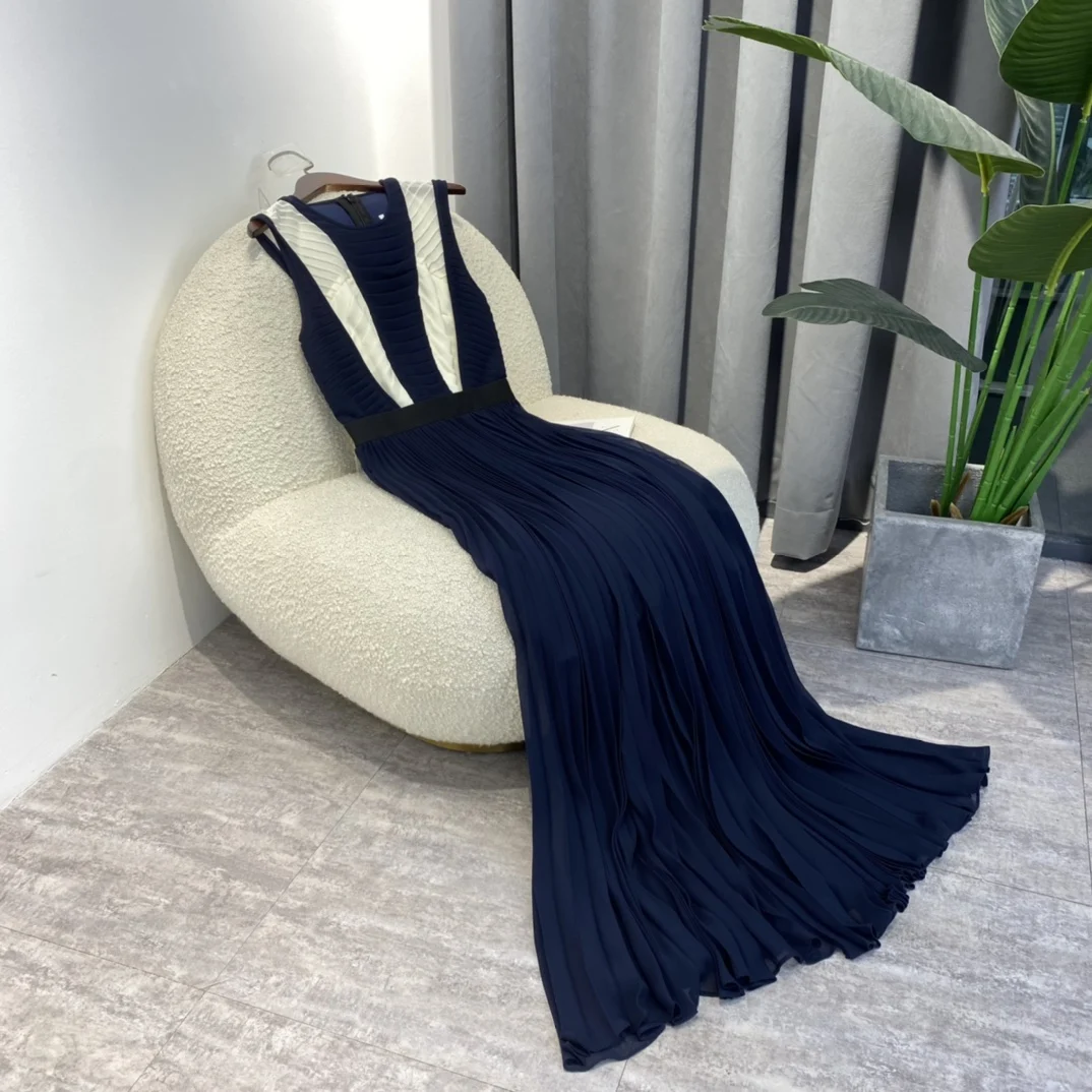 2022 Nouă Primăvară de Moda pentru Femei Mozaic Alb Albastru rochie fără Mâneci de Înaltă Calitate Plisate Lungime de Glezna Rochii de Petrecere 4