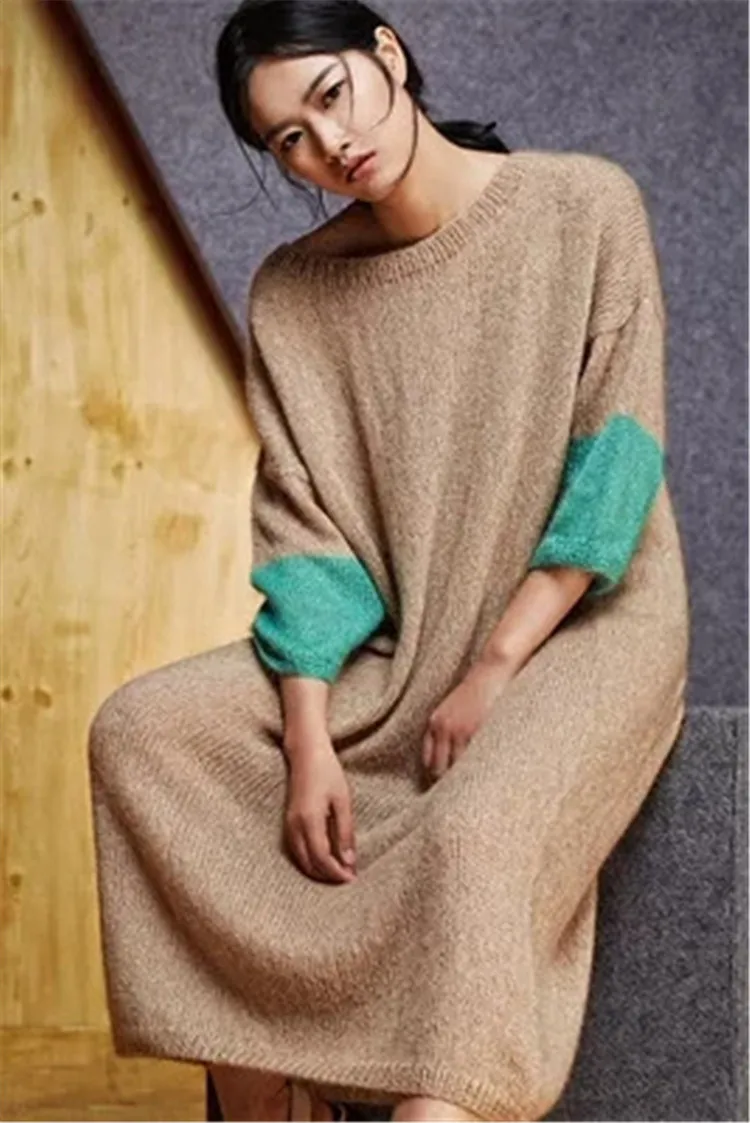 Realizate manual din lână tricot femei Oneck rochie lunga pulover 3quarter mozaic maneca cu amănuntul en-gros personalizate 4