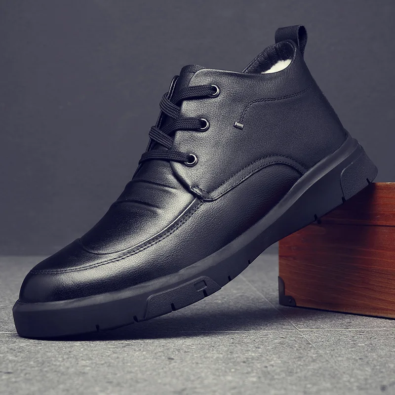Barbati Ghete Casual Barbati Pantofi din Piele de Culoare Solidă de Formă Rotundă Îngroșa Ține de Cald Anti-Alunecare, rezistent la apă și la Bărbați Pantofi de Bumbac 4