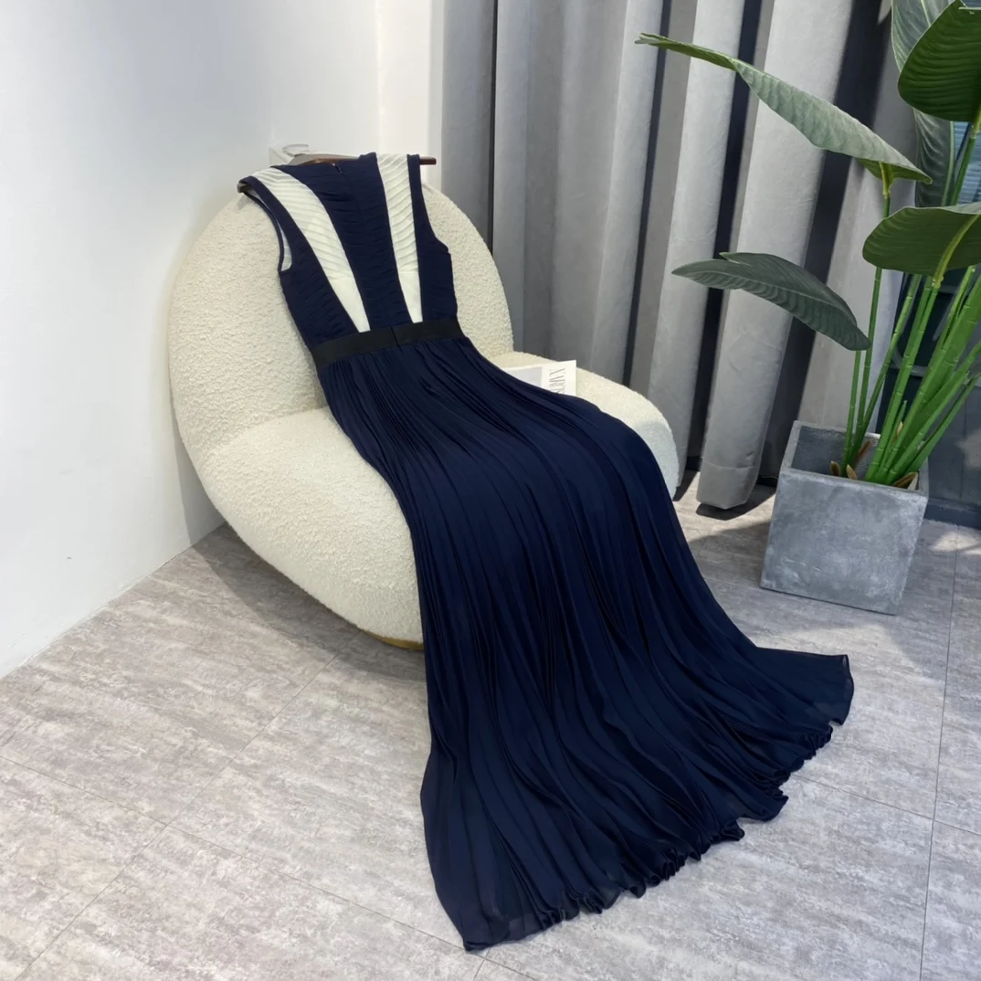 2022 Nouă Primăvară de Moda pentru Femei Mozaic Alb Albastru rochie fără Mâneci de Înaltă Calitate Plisate Lungime de Glezna Rochii de Petrecere 5