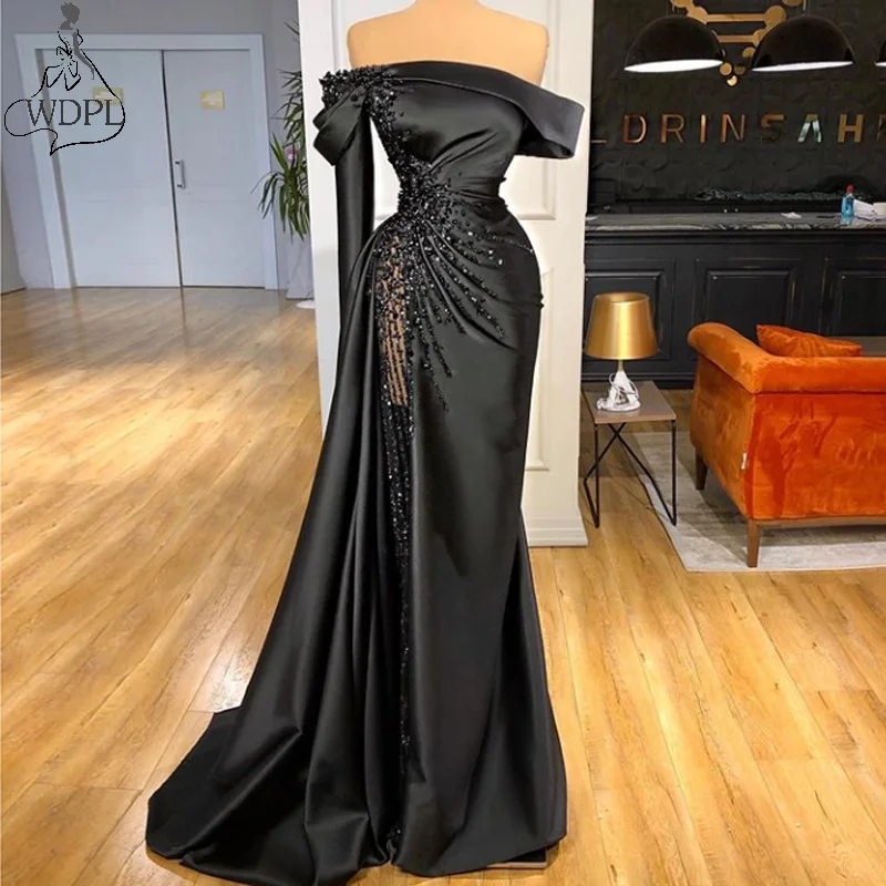 Haute Couture Neagra Sirena Rochii De Bal 2020 Nou Maneca Lunga Pe Un Umar Cu Margele De Petrecere, Rochii De Dubai Arabă Femei Rochie De Seara 5