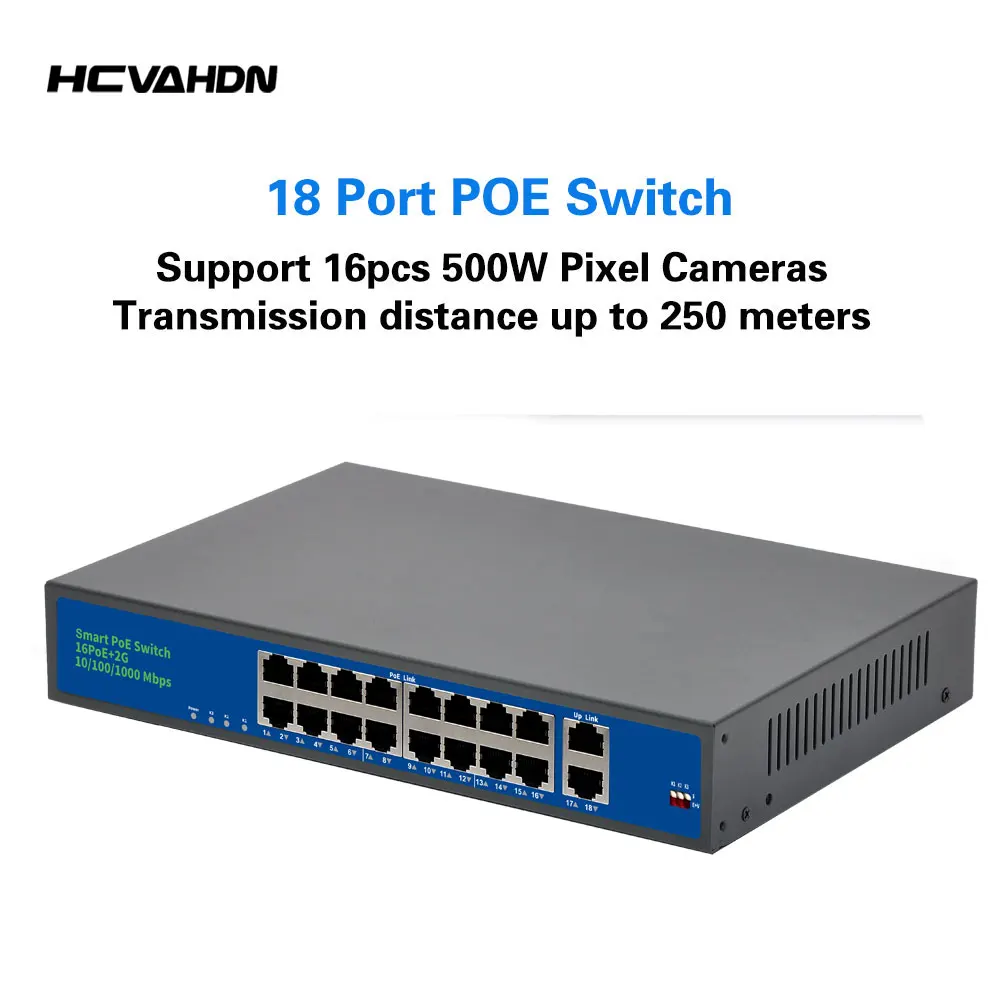 16 Port POE Comutator de Rețea Ethernet+2 Porturi Gigabit Uplink Rapid Comuta cu Coajă de Metal Pentru CCTV IP de Monitorizare aparat de Fotografiat Putere 250M 5